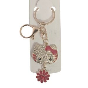 Hello Kitty Rhinestone Keychain Rose Gold Flower Charm‎ Bag Purse Accessory